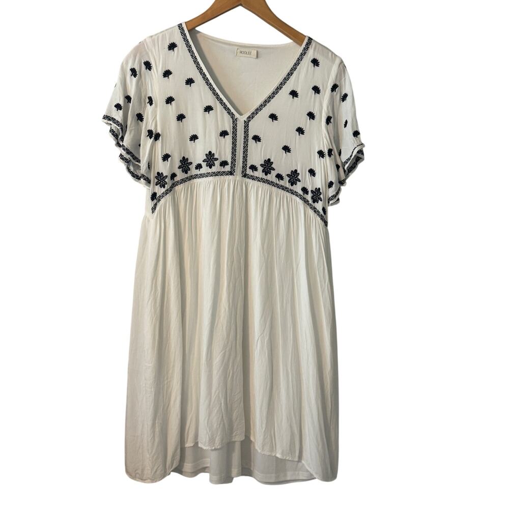 Roolee V-Neck Embroidered White Sundress Flowy Boho Womens size Small